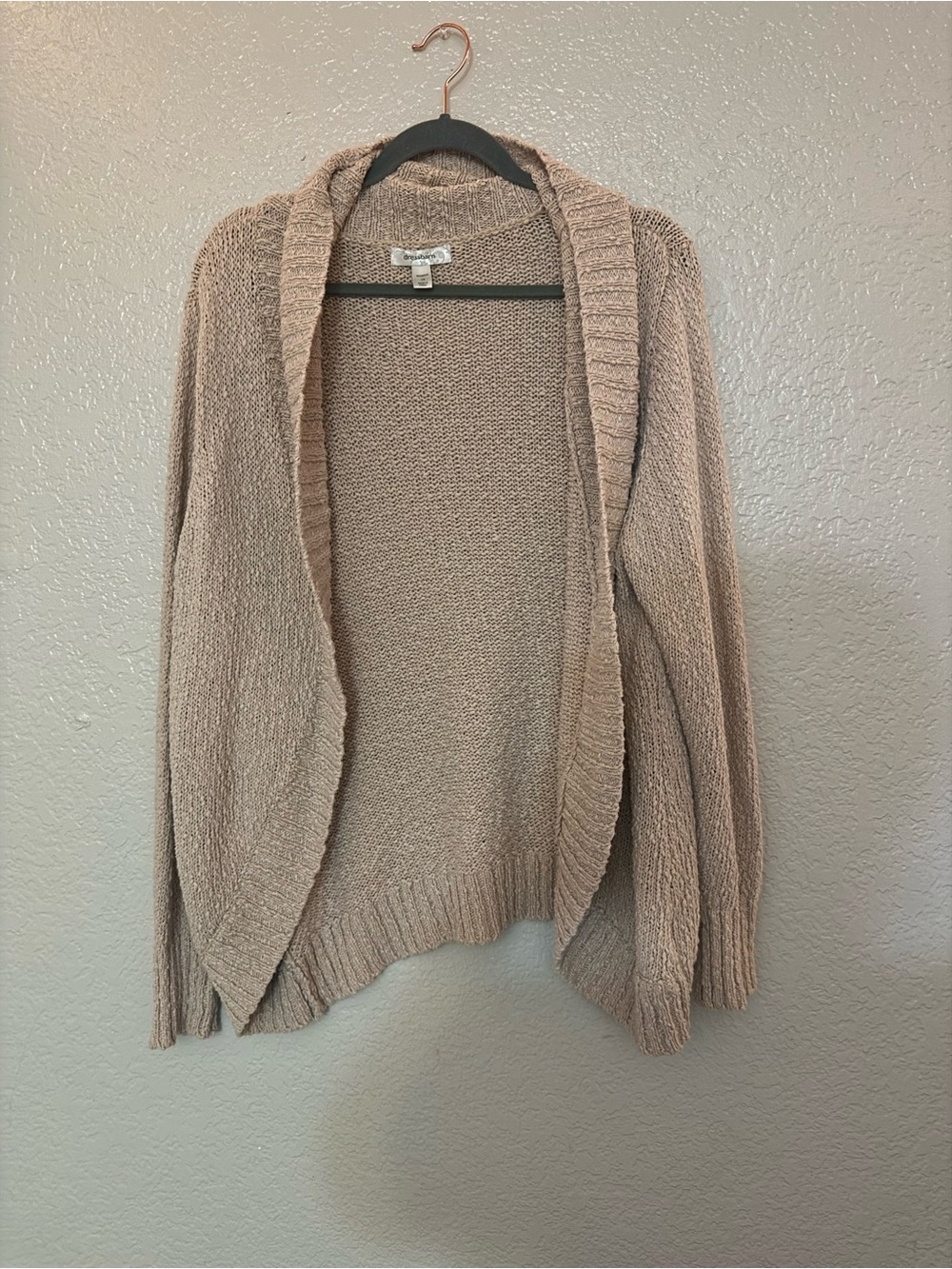 dressbarn Open-Front Cardigan in Blush Taupe